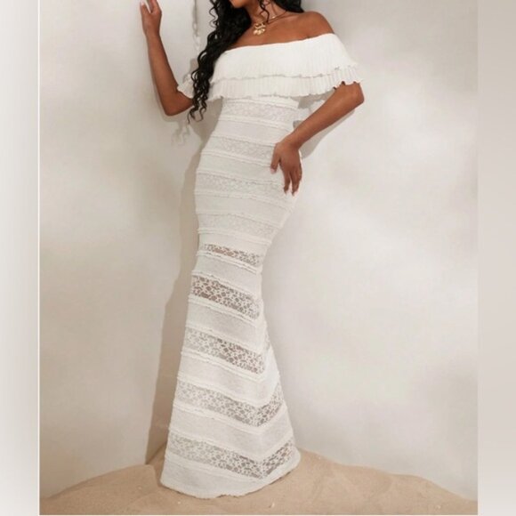 Knitted Lace Off Shoulder Form-Fitting Fish Tail Dress White - Picture 7 of 8